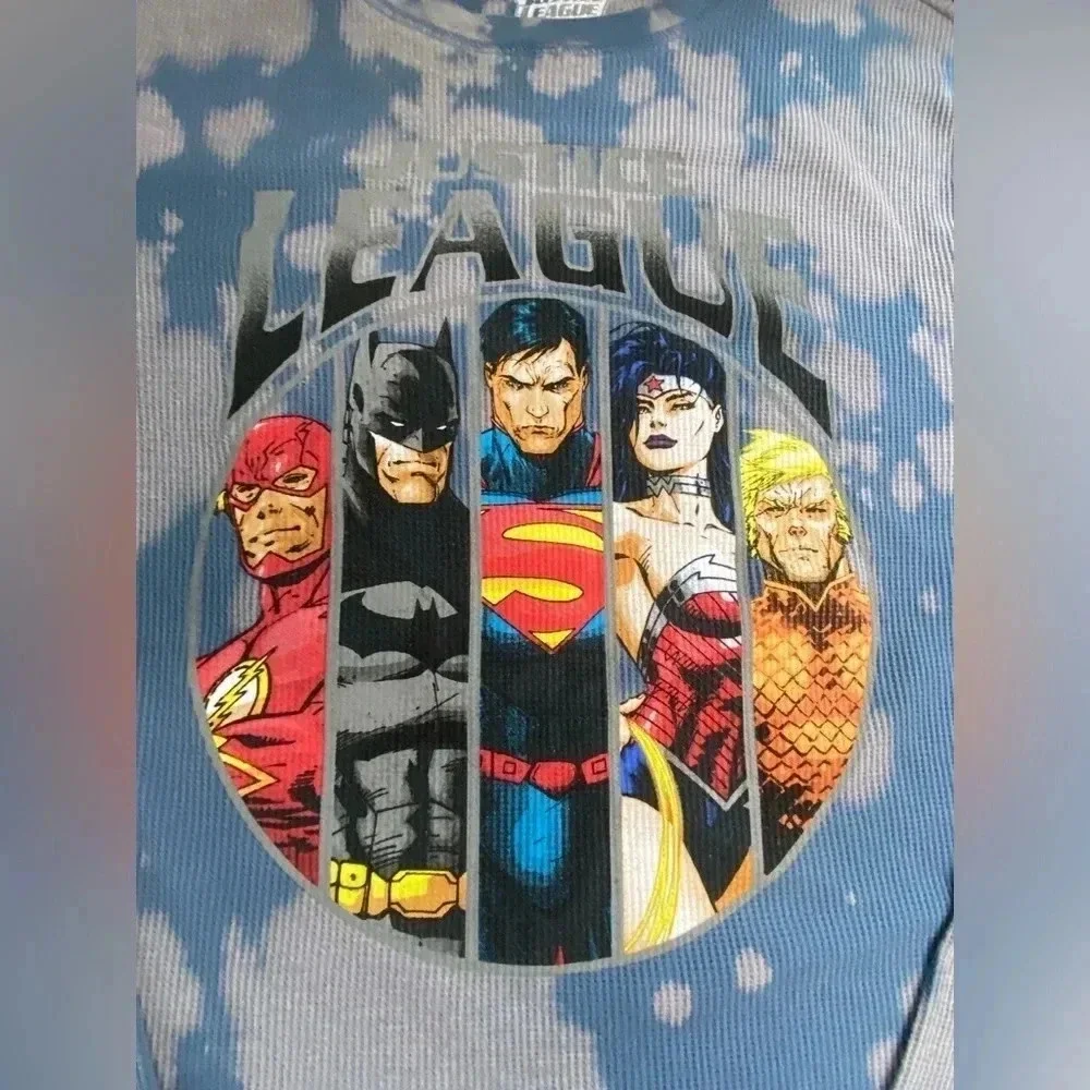 Justice League Adult Large Waffle Knit Thermal Shirt Streetwear Superhero Grunge